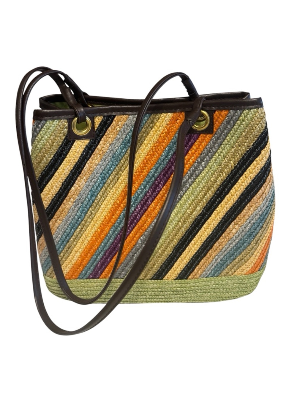 NWOT Woven Straw Multi-Color Boutique Striped Leather Shoulder Bag